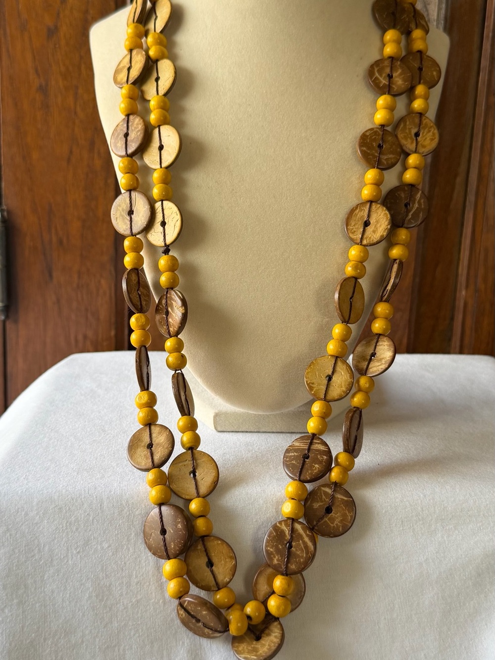 Long Boho Coconut Shell & Wood Bead Layering Necklace Natural Artisan